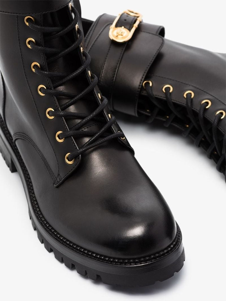 Black Safety Pin Leather Ankle Boots