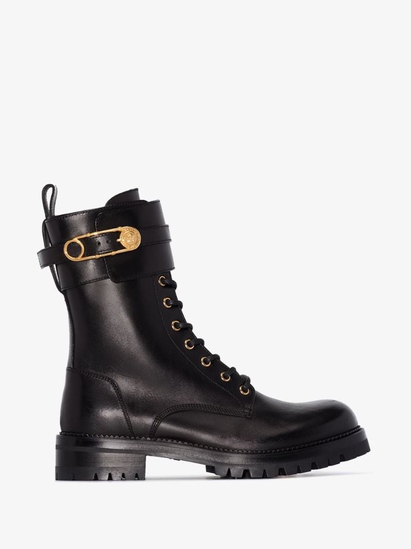 Black Safety Pin Leather Ankle Boots