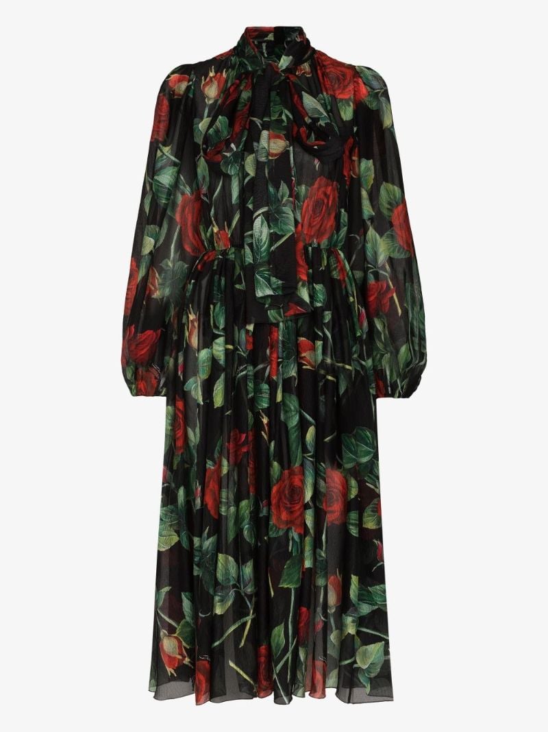 Rose Print Flared Silk Dress
