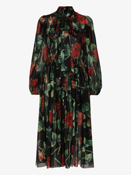 Rose Print Flared Silk Dress