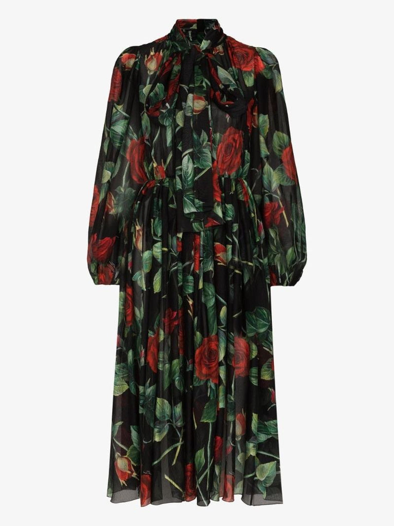 Rose Print Flared Silk Dress