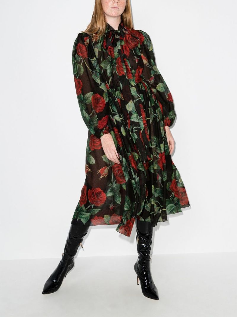 Rose Print Flared Silk Dress