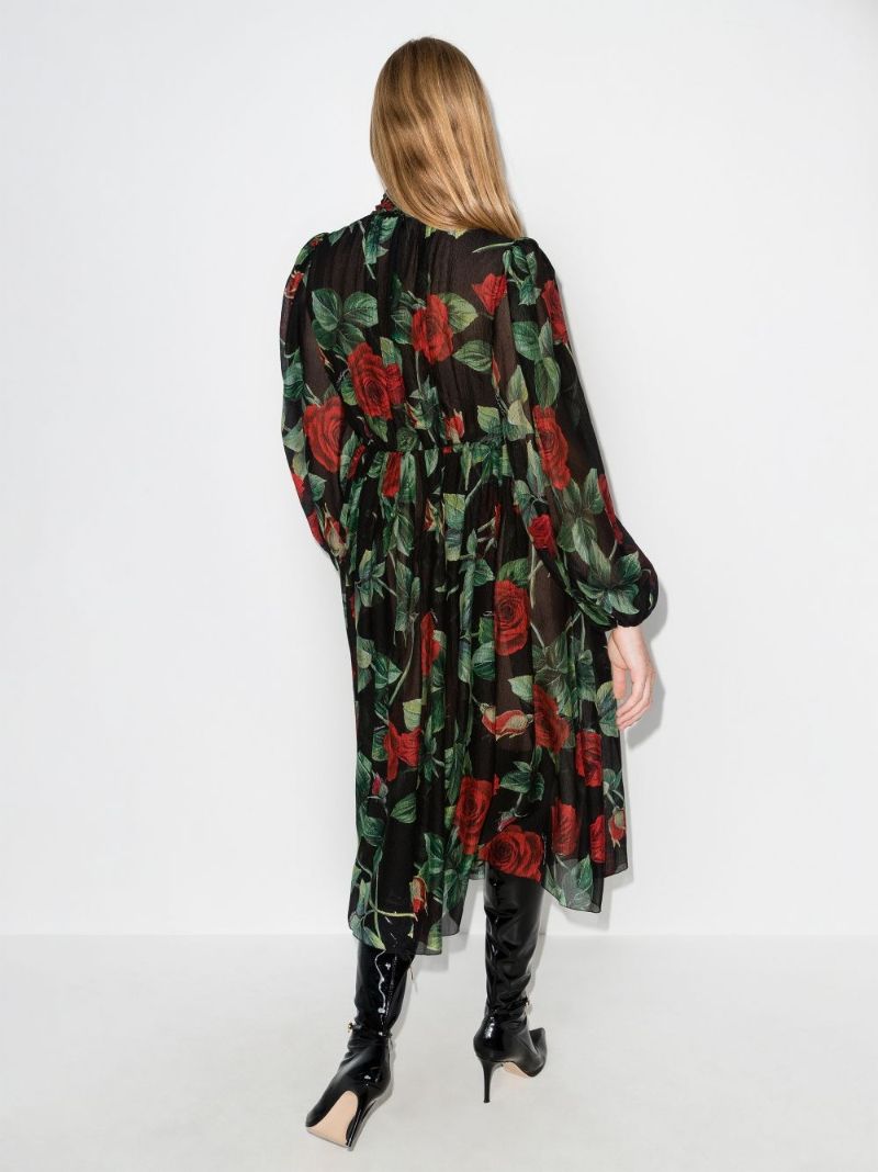 Rose Print Flared Silk Dress