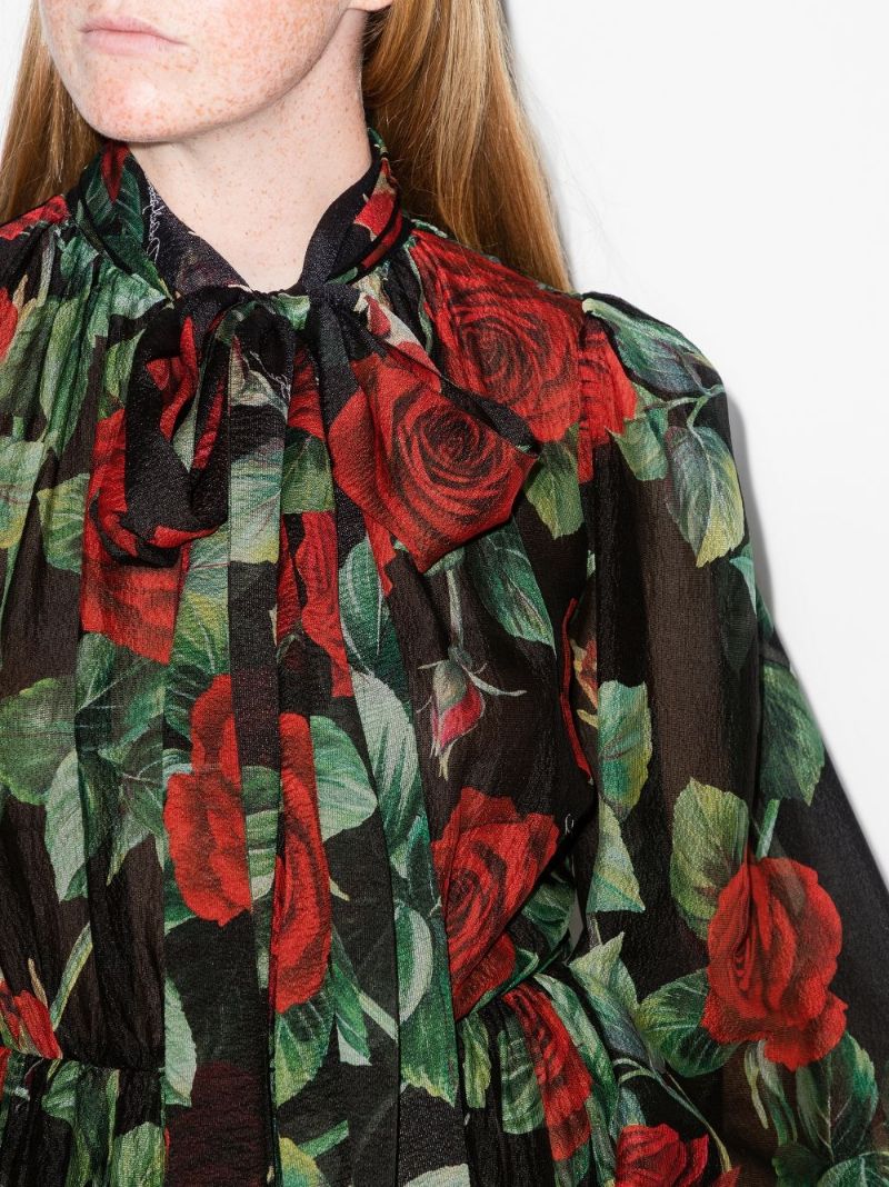 Rose Print Flared Silk Dress