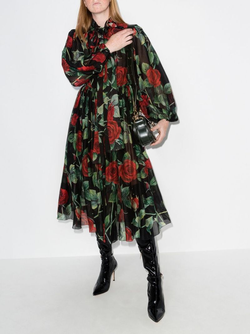 Rose Print Flared Silk Dress