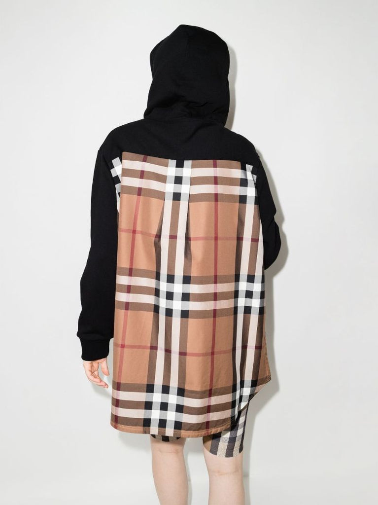 Black Check Panel Cotton Hoodie