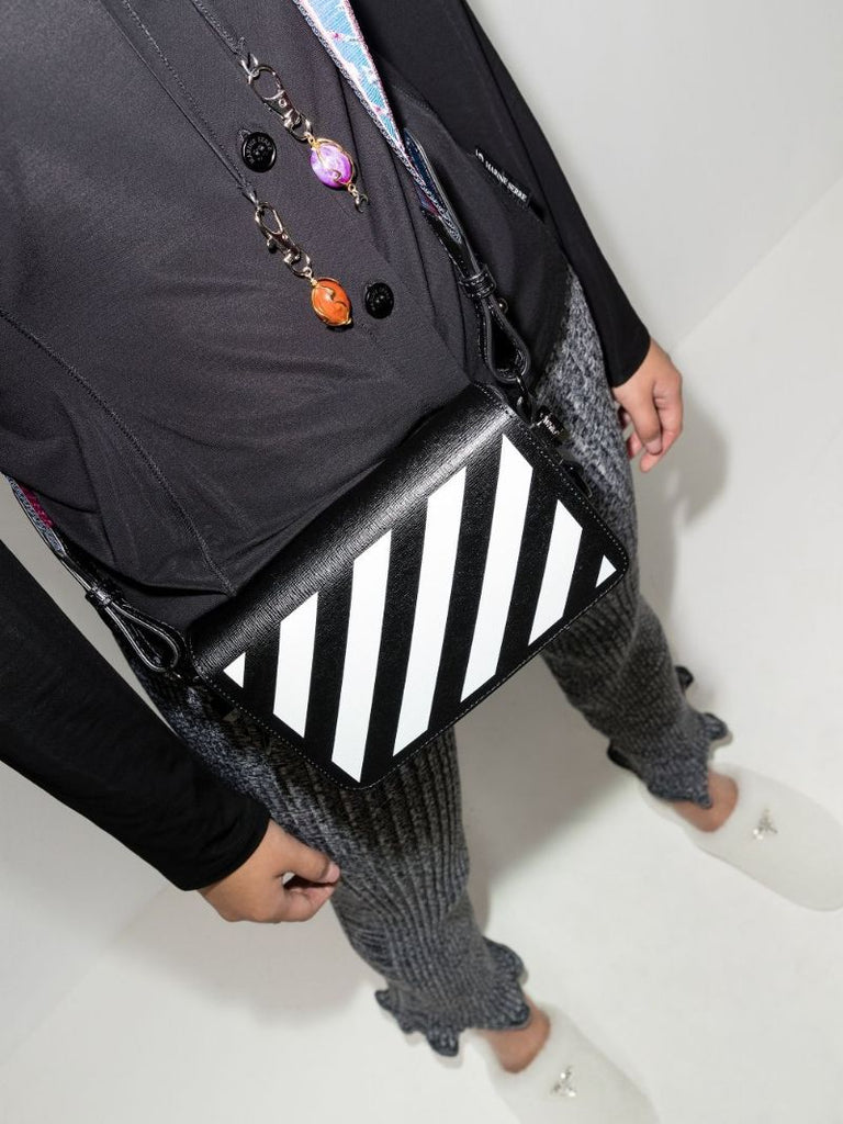 Black and White Diag Mini Leather Camera Bag