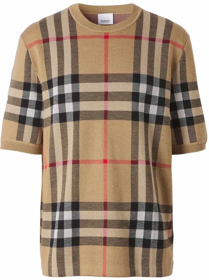 Brown Check Jacquard Short Sleeve Knit Top