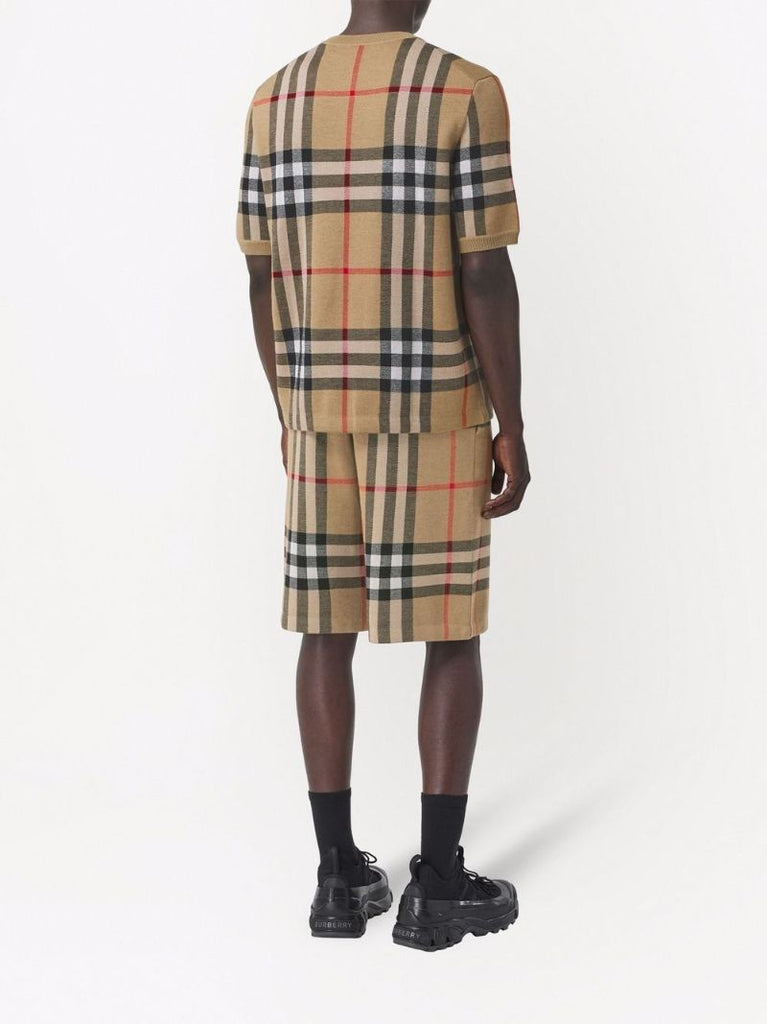 Brown Check Jacquard Short Sleeve Knit Top