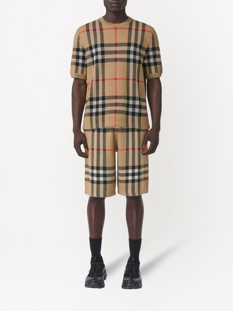 Brown Check Jacquard Short Sleeve Knit Top