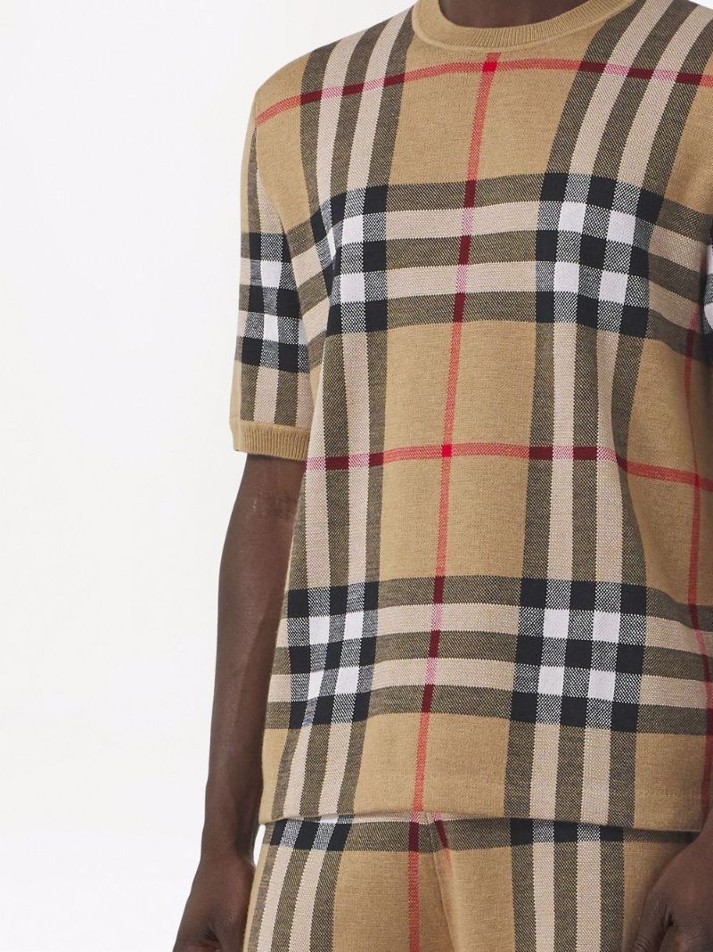 Brown Check Jacquard Short Sleeve Knit Top