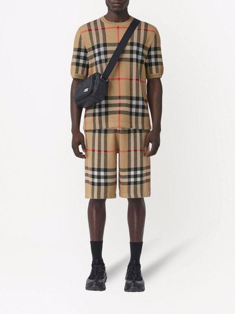 Brown Check Jacquard Short Sleeve Knit Top