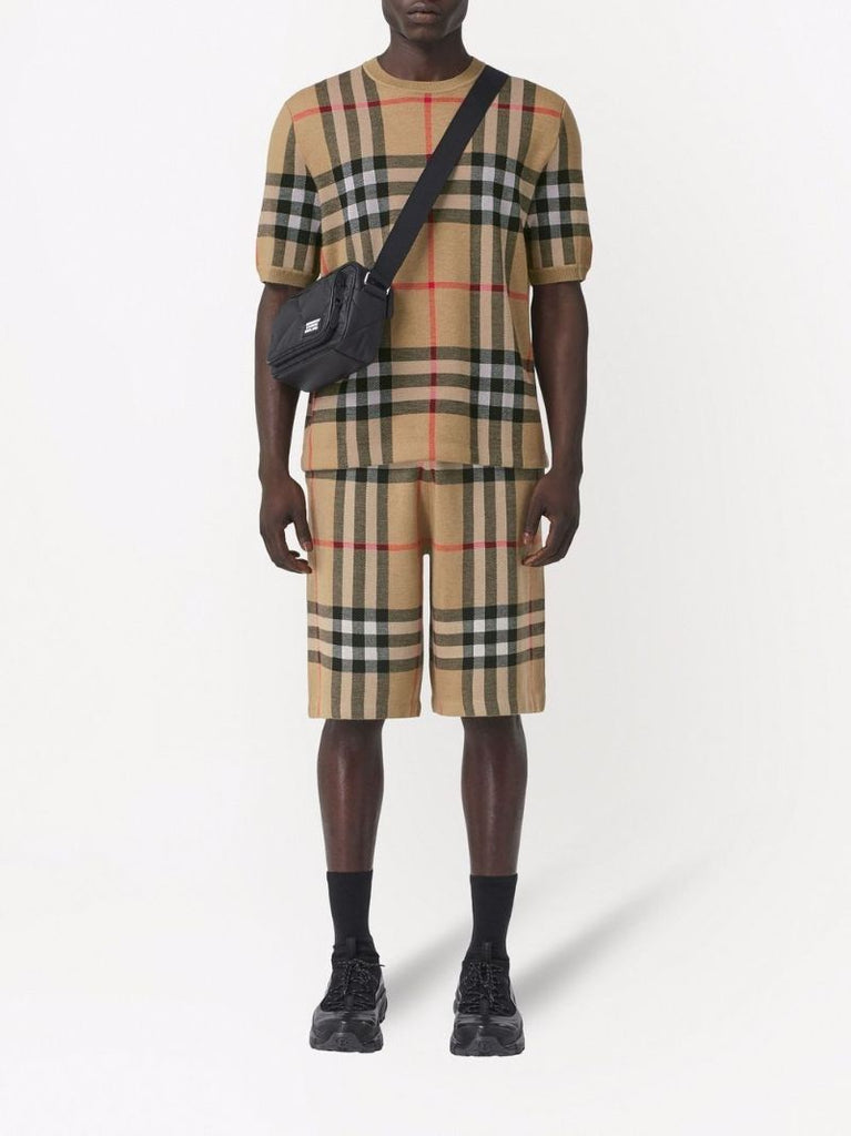 Brown Check Jacquard Short Sleeve Knit Top