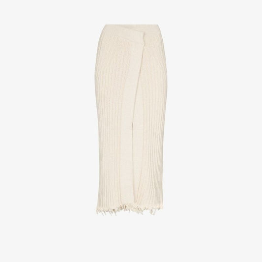 Raw Edge Ribbed Wrap Midi Skirt