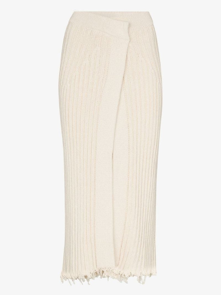 Raw Edge Ribbed Wrap Midi Skirt