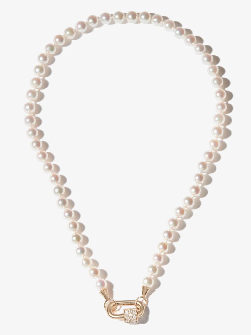 14k Yellow Gold Stoned Chubby Baby Diamond Lock Charm Pearl Necklace
