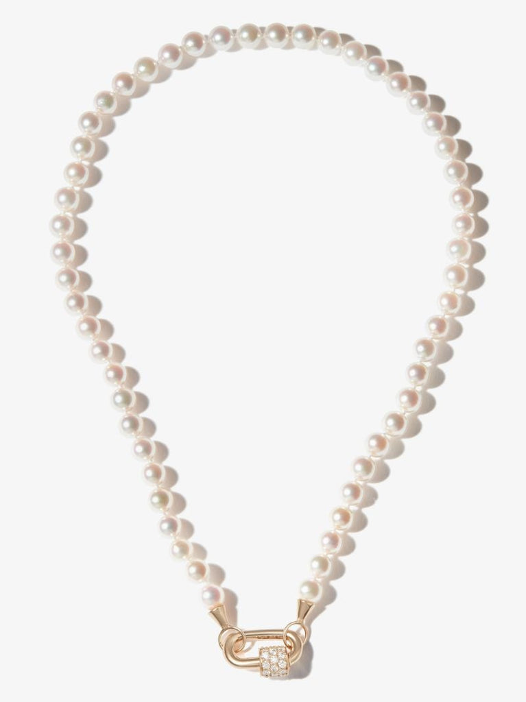 14k Yellow Gold Stoned Chubby Baby Diamond Lock Charm Pearl Necklace