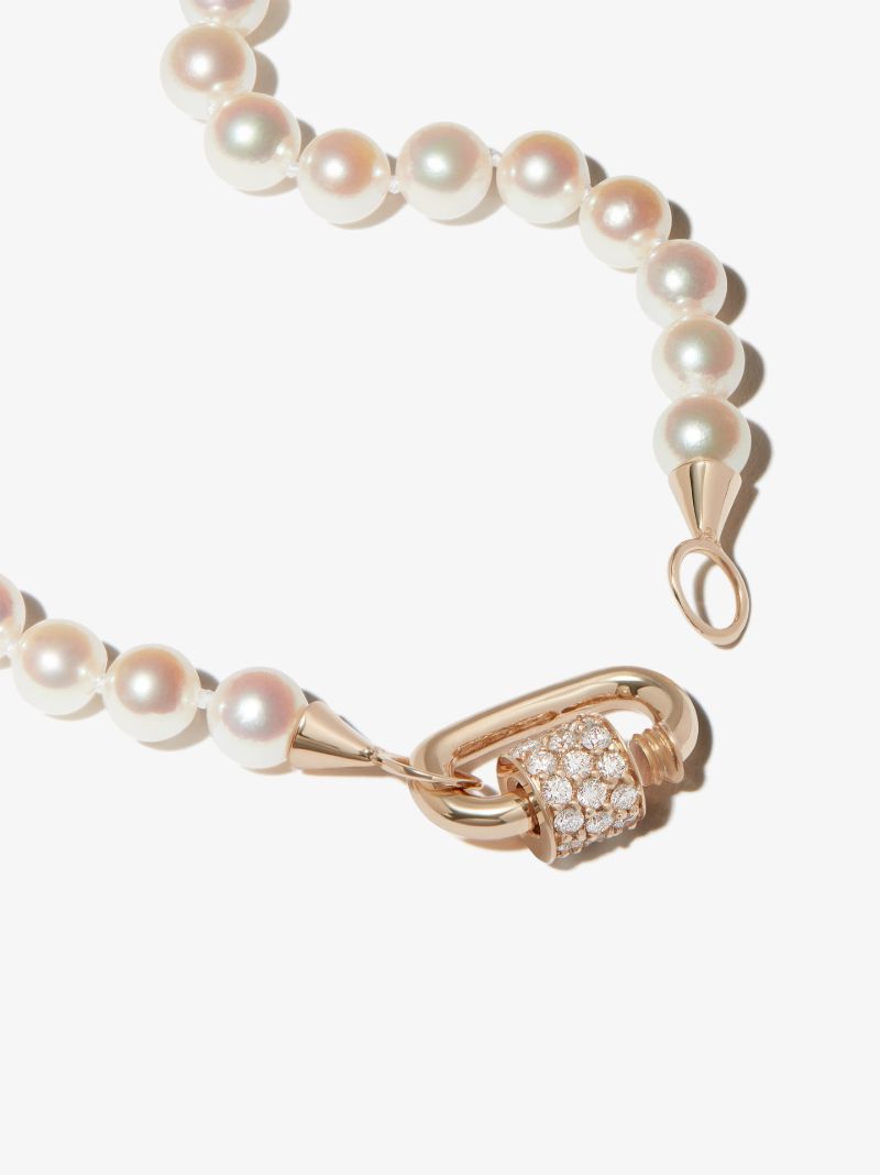14k Yellow Gold Stoned Chubby Baby Diamond Lock Charm Pearl Necklace