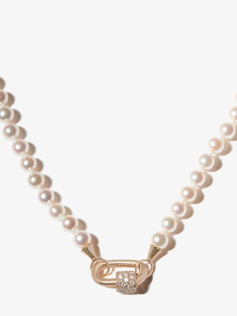 14k Yellow Gold Stoned Chubby Baby Diamond Lock Charm Pearl Necklace