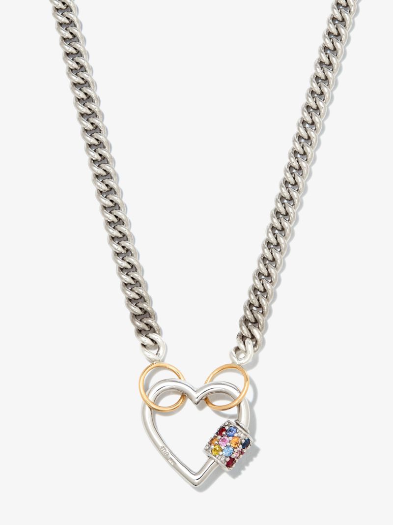 14k White Gold Stoned Sapphire Heart Lock Charm