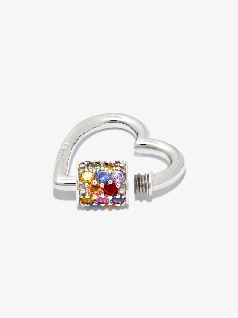 14k White Gold Stoned Sapphire Heart Lock Charm