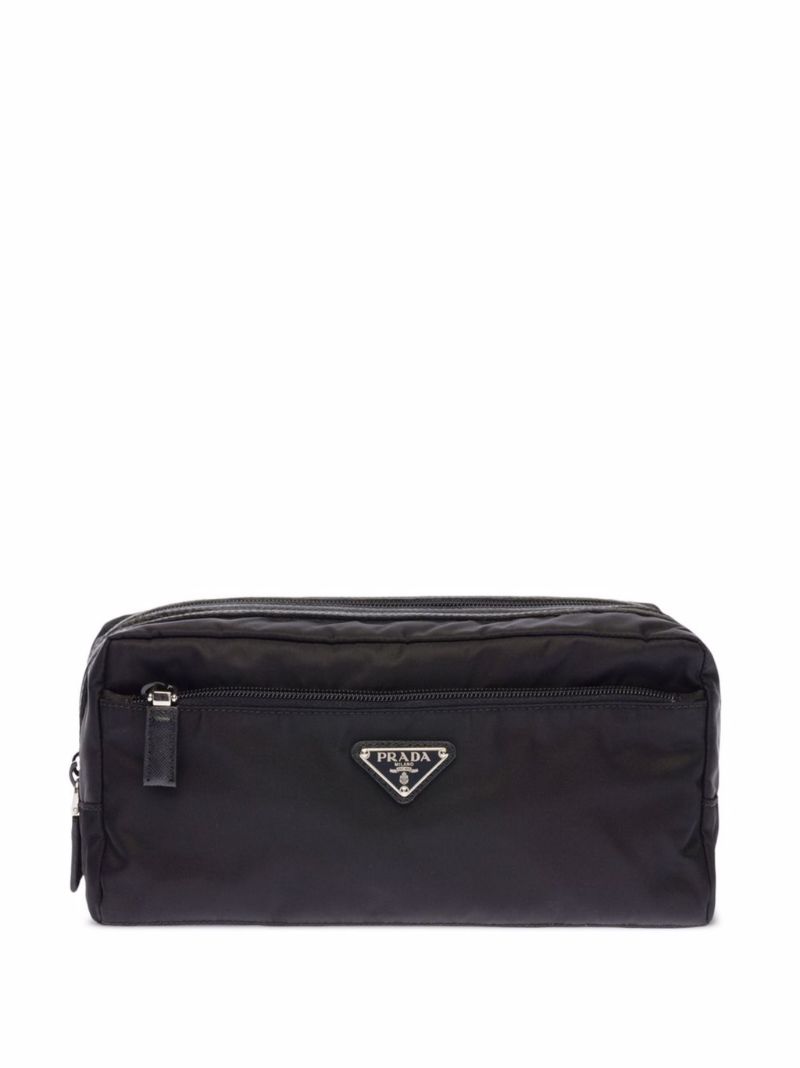 Black Re-nylon and Leather Wash Bag