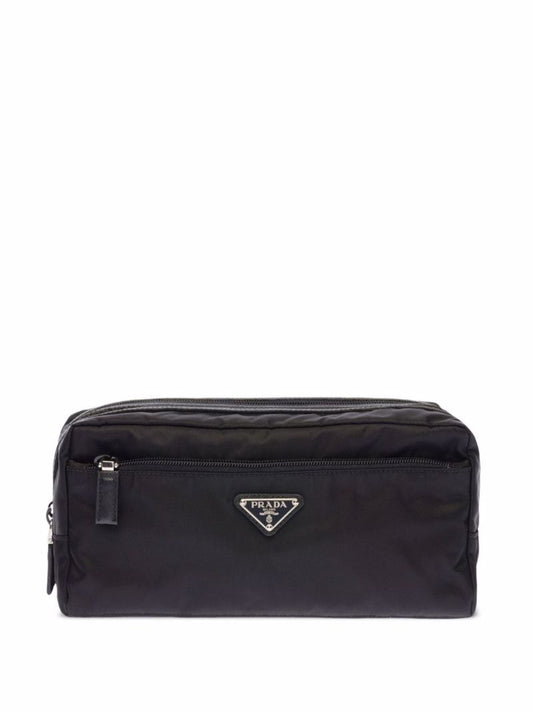 Black Re-nylon and Leather Wash Bag