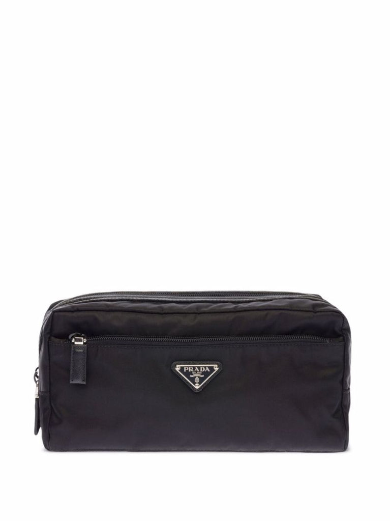Black Re-nylon and Leather Wash Bag