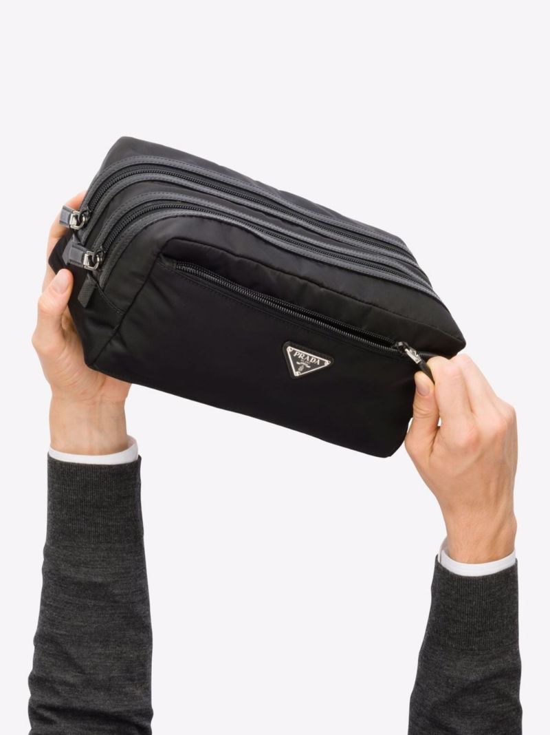 Black Re-nylon and Leather Wash Bag