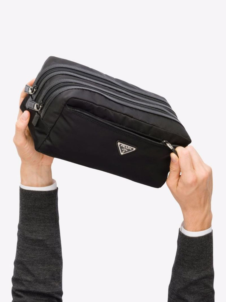 Black Re-nylon and Leather Wash Bag