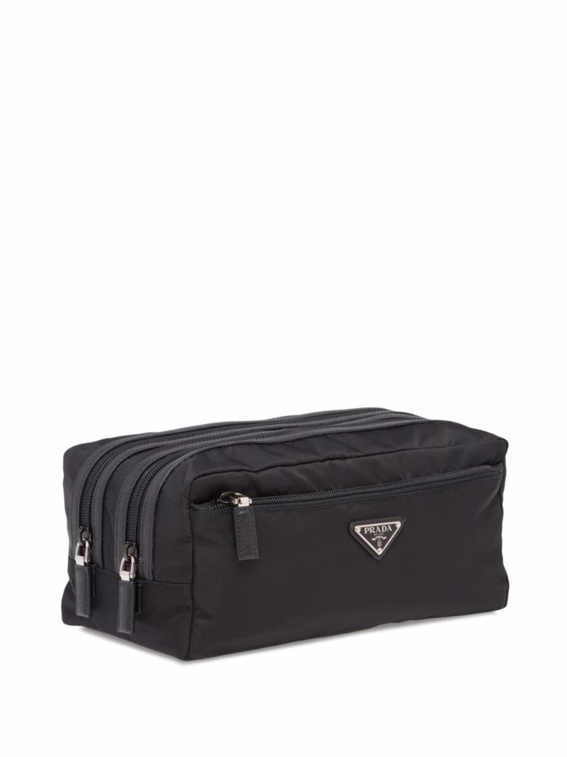Black Re-nylon and Leather Wash Bag