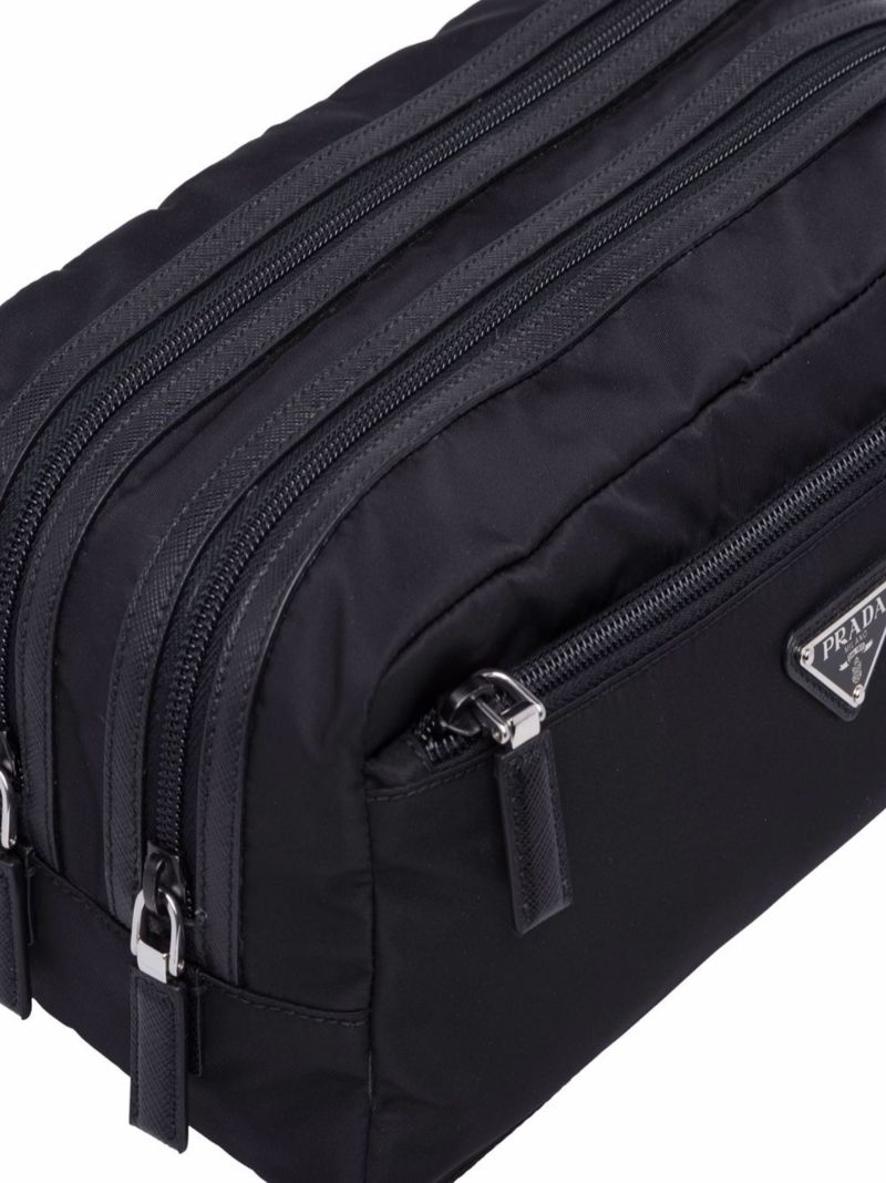 Black Re-nylon and Leather Wash Bag
