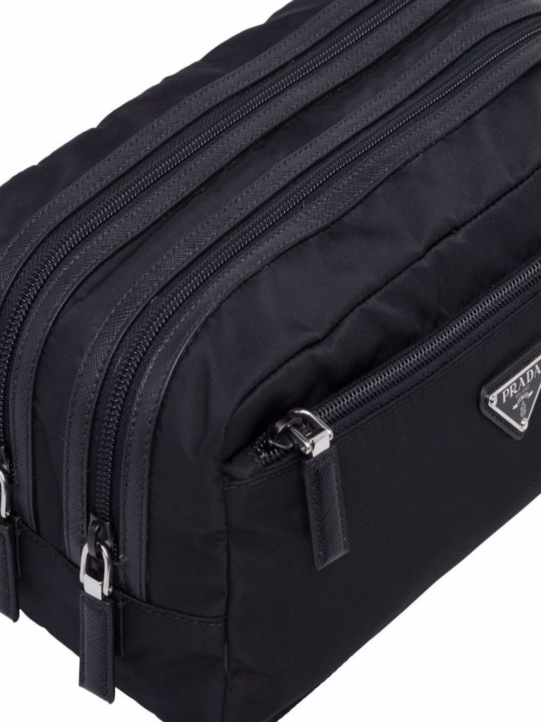 Black Re-nylon and Leather Wash Bag