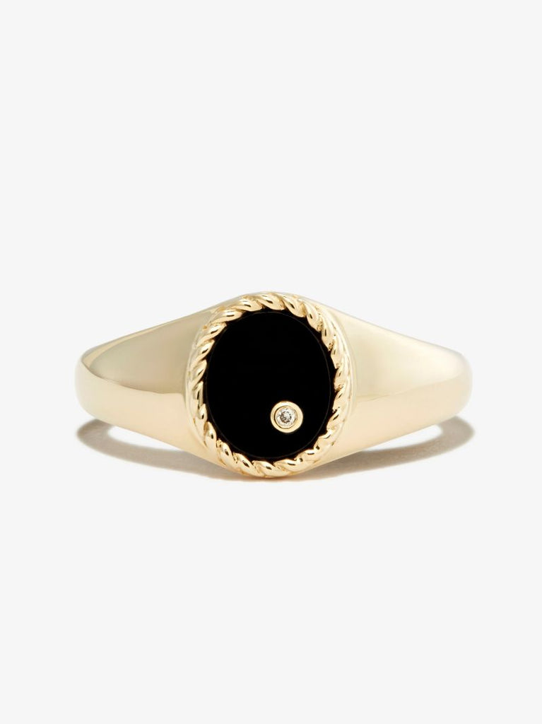 9k Yellow Gold Oval Onyx and Diamond Signet Ring