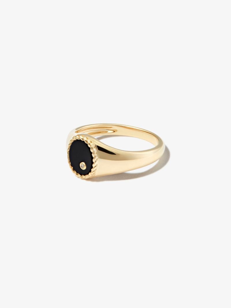 9k Yellow Gold Oval Onyx and Diamond Signet Ring