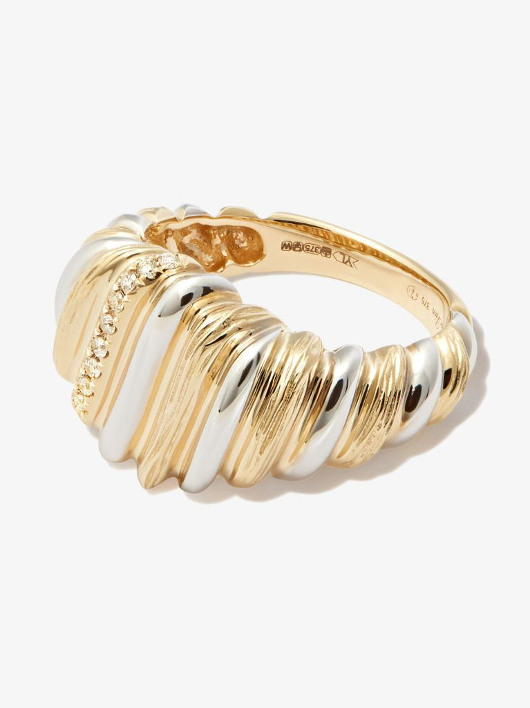 9k Yellow and White Gold Gaufrette Diamond Signet Ring