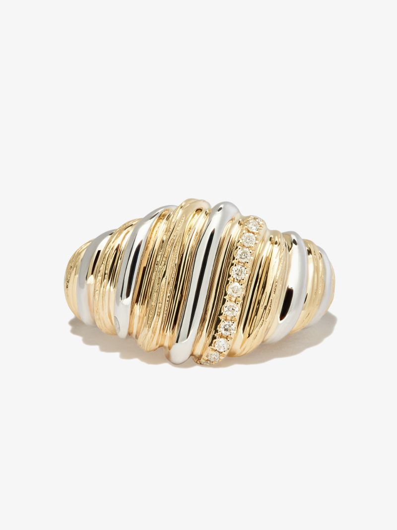 9k Yellow and White Gold Gaufrette Diamond Signet Ring