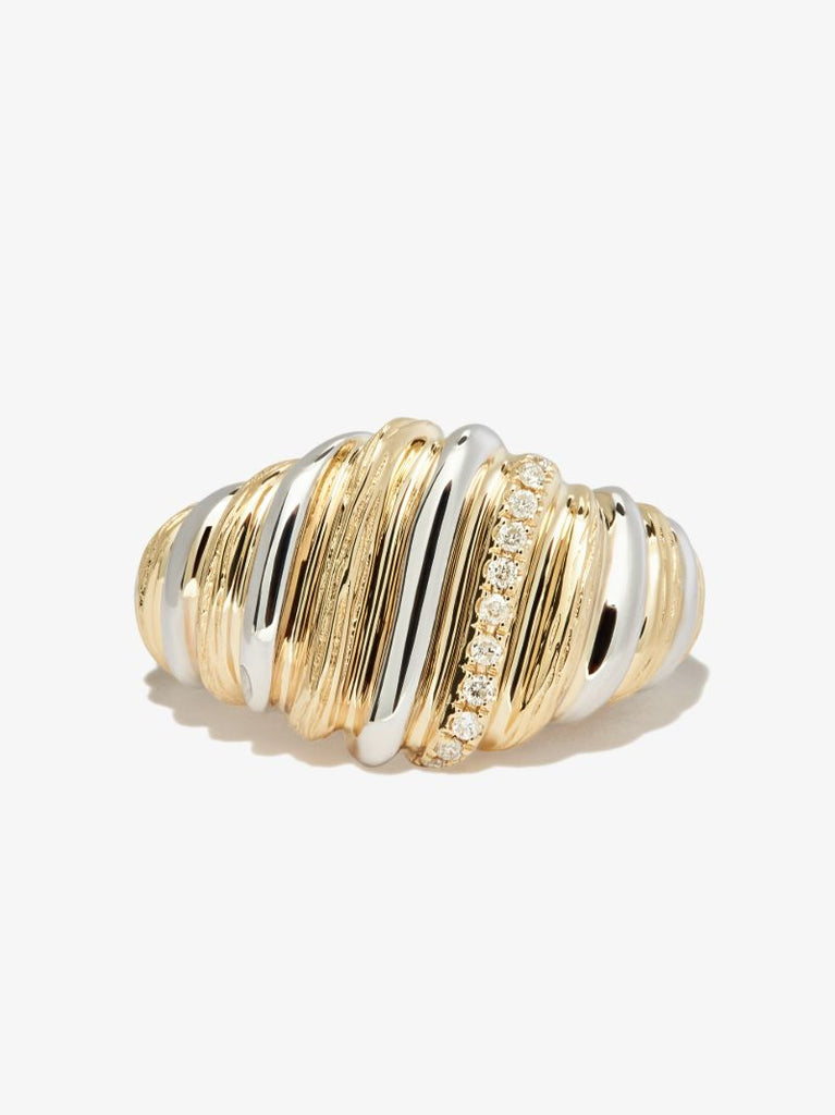 9k Yellow and White Gold Gaufrette Diamond Signet Ring