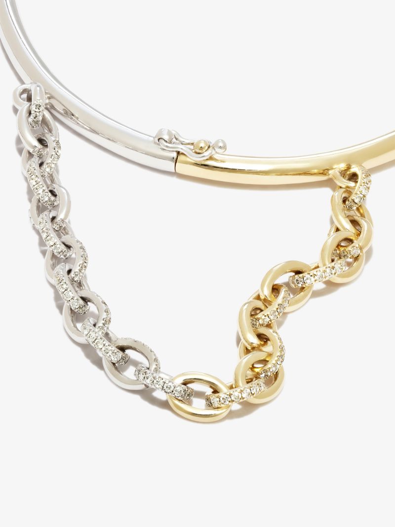 9k White and Yellow Gold Jonc Lisse Diamond Chain Bracelet