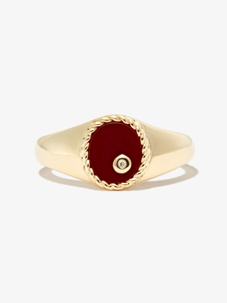 9k Yellow Gold Oval Agate and Diamond Signet Ring