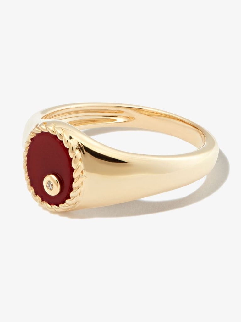 9k Yellow Gold Oval Agate and Diamond Signet Ring