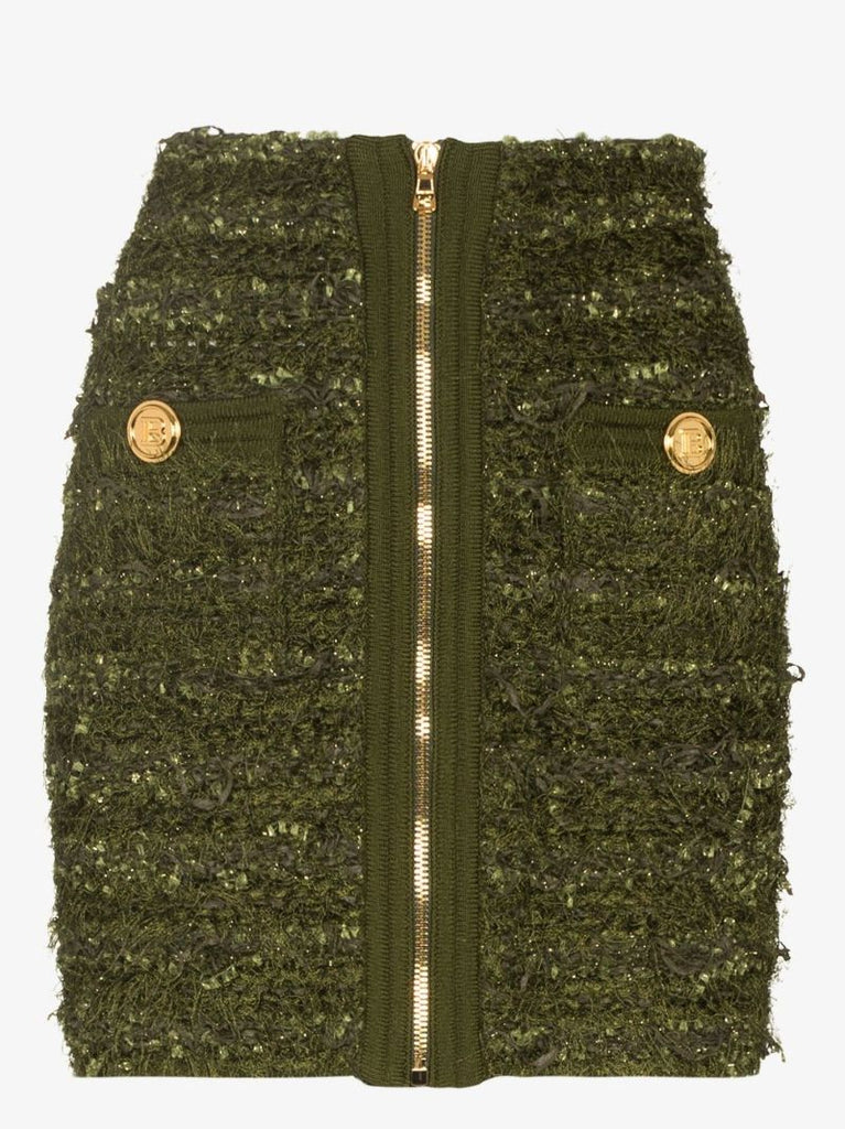Zip Front Tweed Mini Skirt