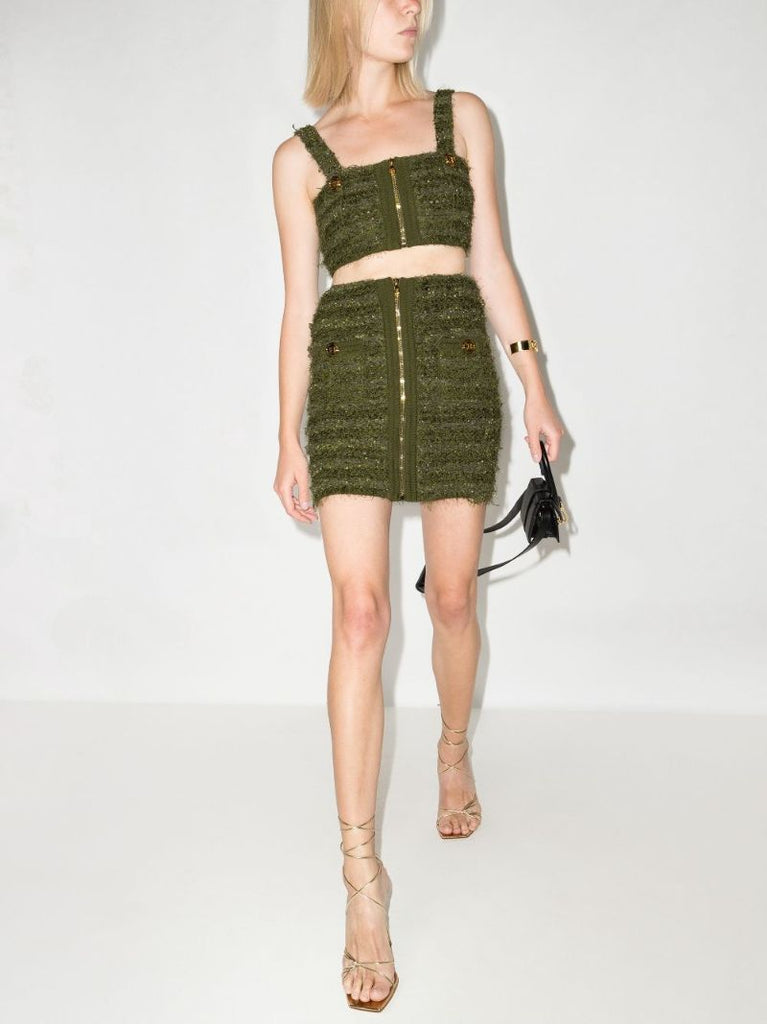 Zip Front Tweed Mini Skirt