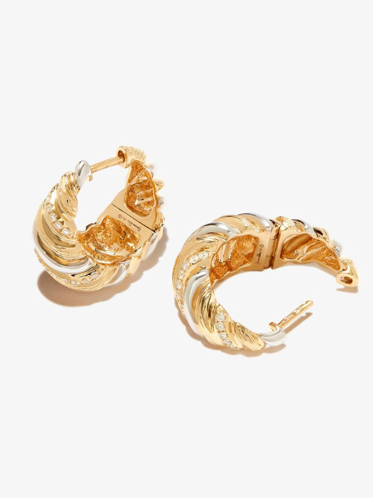 9k Yellow and White Gold Gaufrette Diamond Hoop Earrings