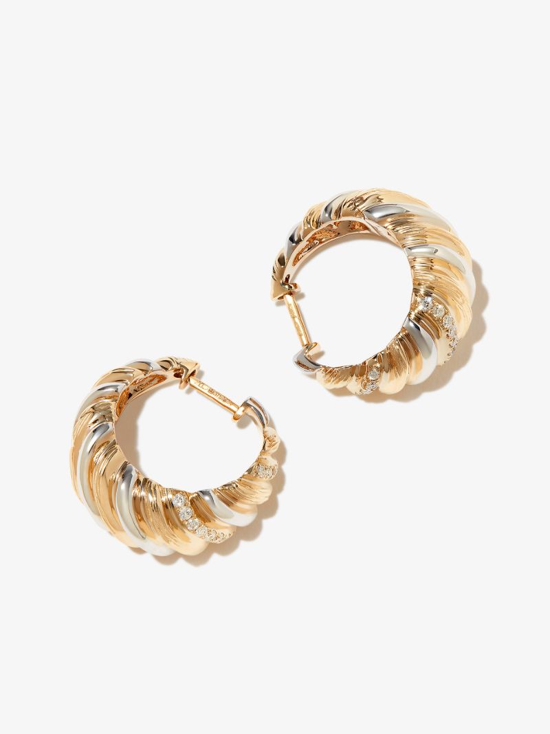 9k Yellow and White Gold Gaufrette Diamond Hoop Earrings