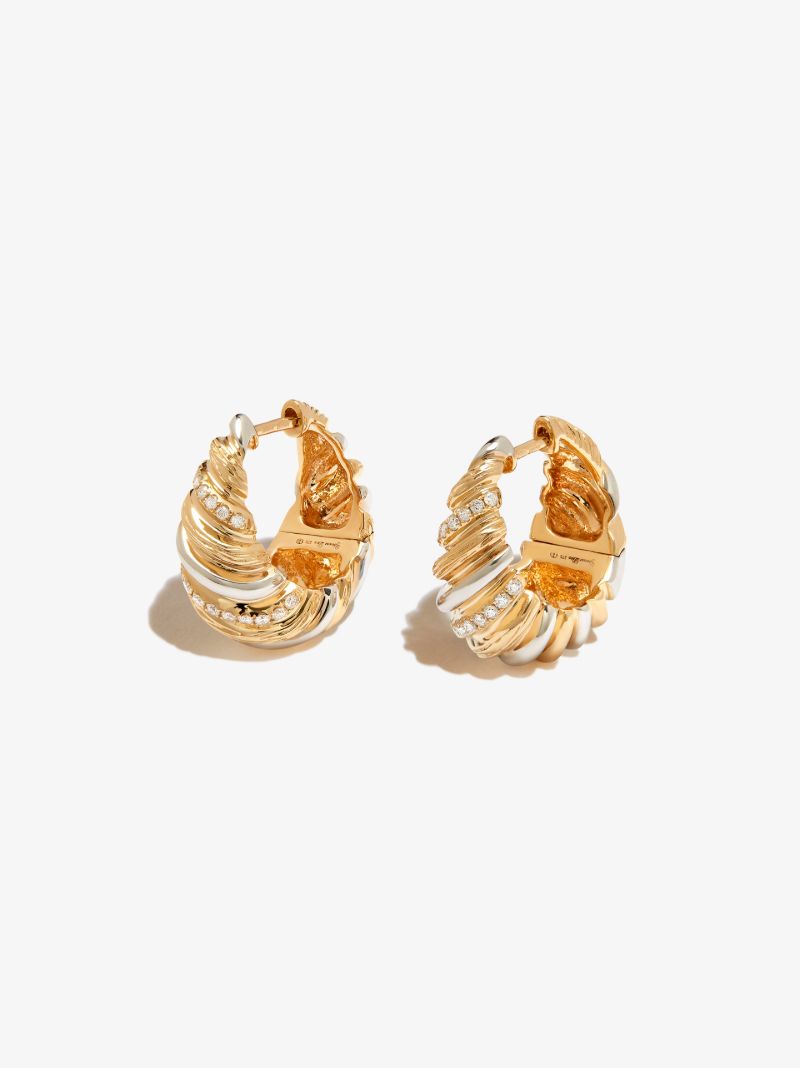 9k Yellow and White Gold Gaufrette Diamond Hoop Earrings