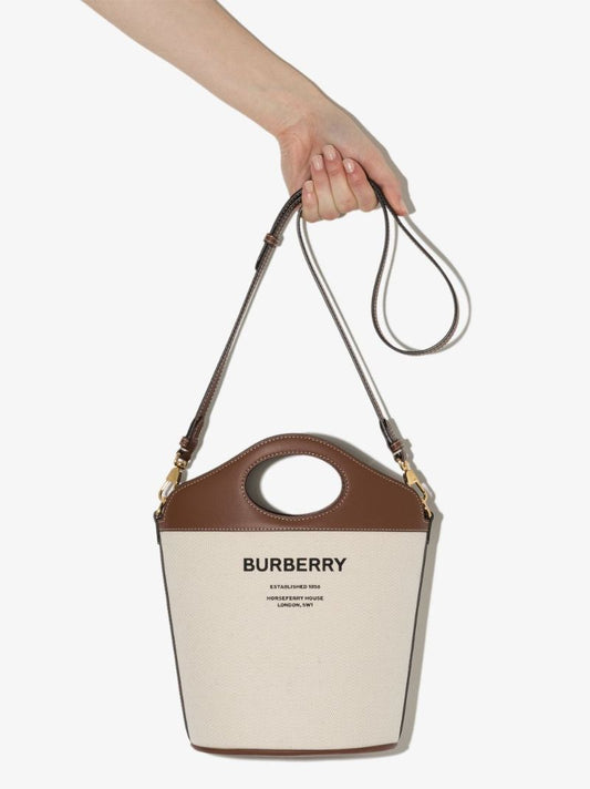 White and Brown Small Canvas and Leather Bucket Bag