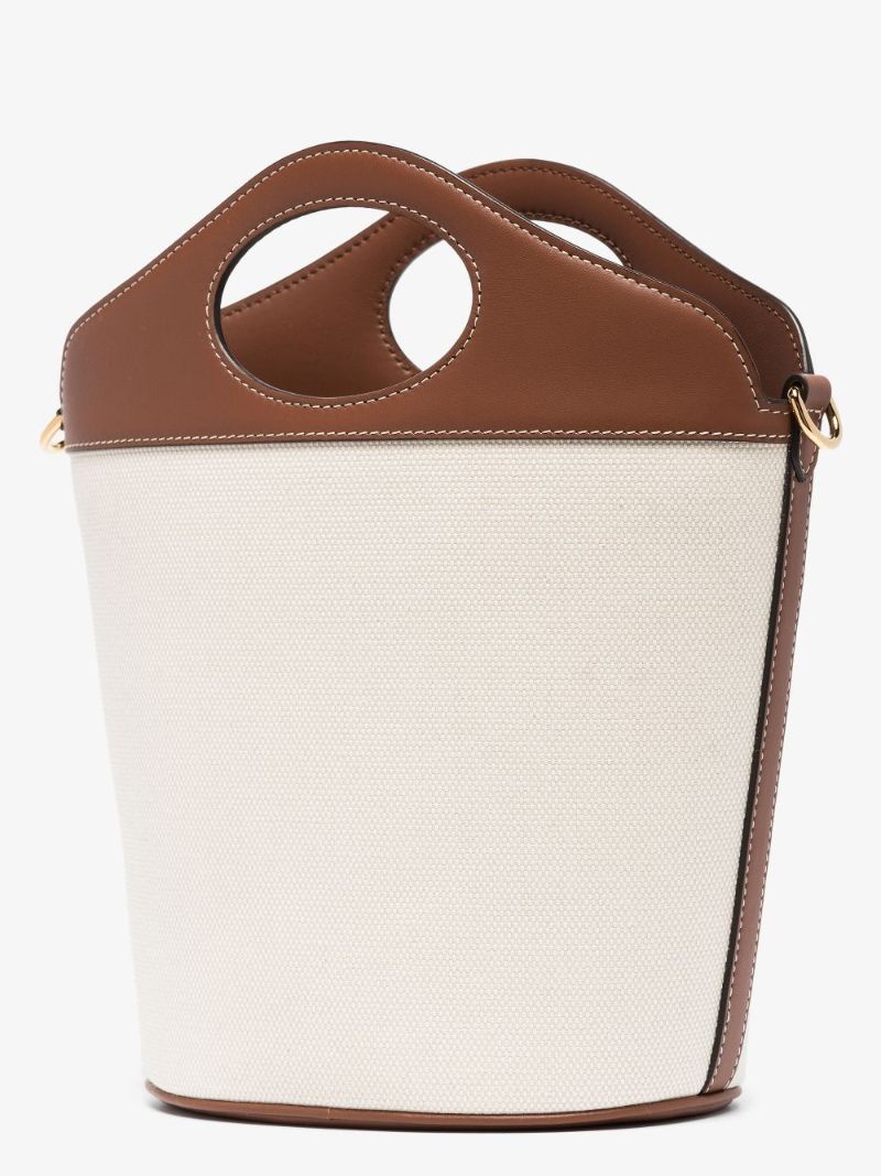 White and Brown Small Canvas and Leather Bucket Bag