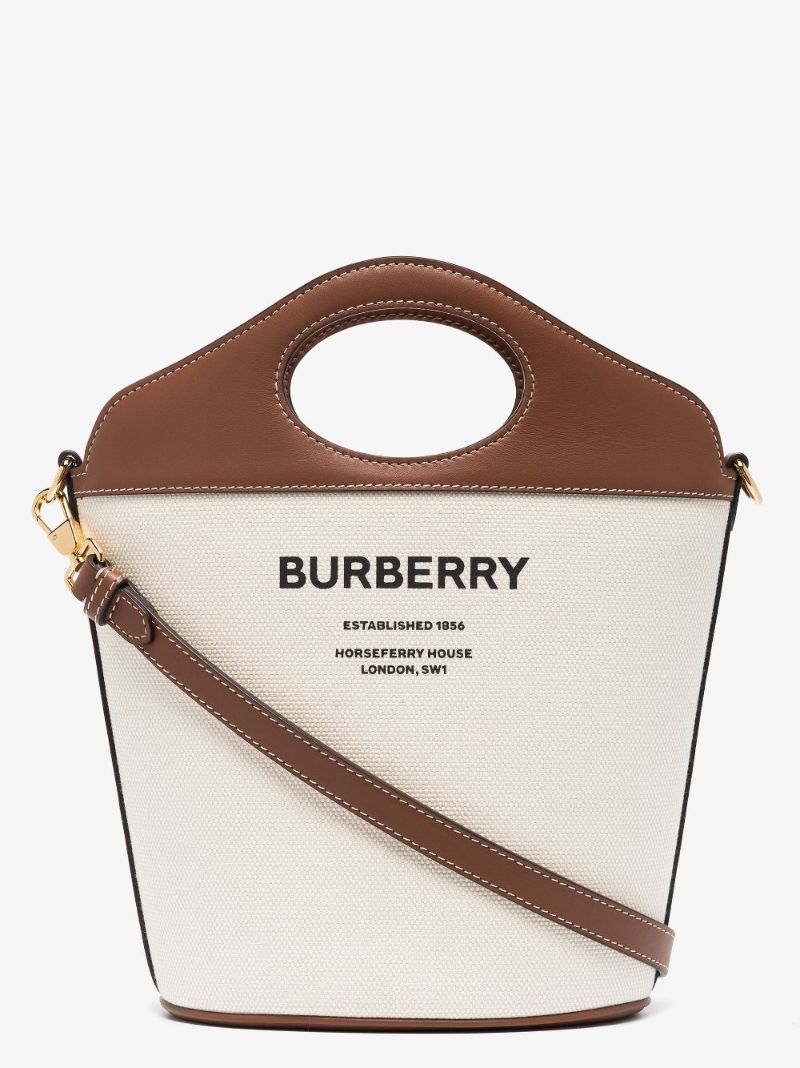 White and Brown Small Canvas and Leather Bucket Bag