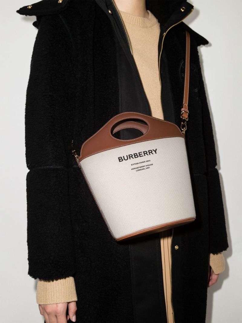 White and Brown Small Canvas and Leather Bucket Bag